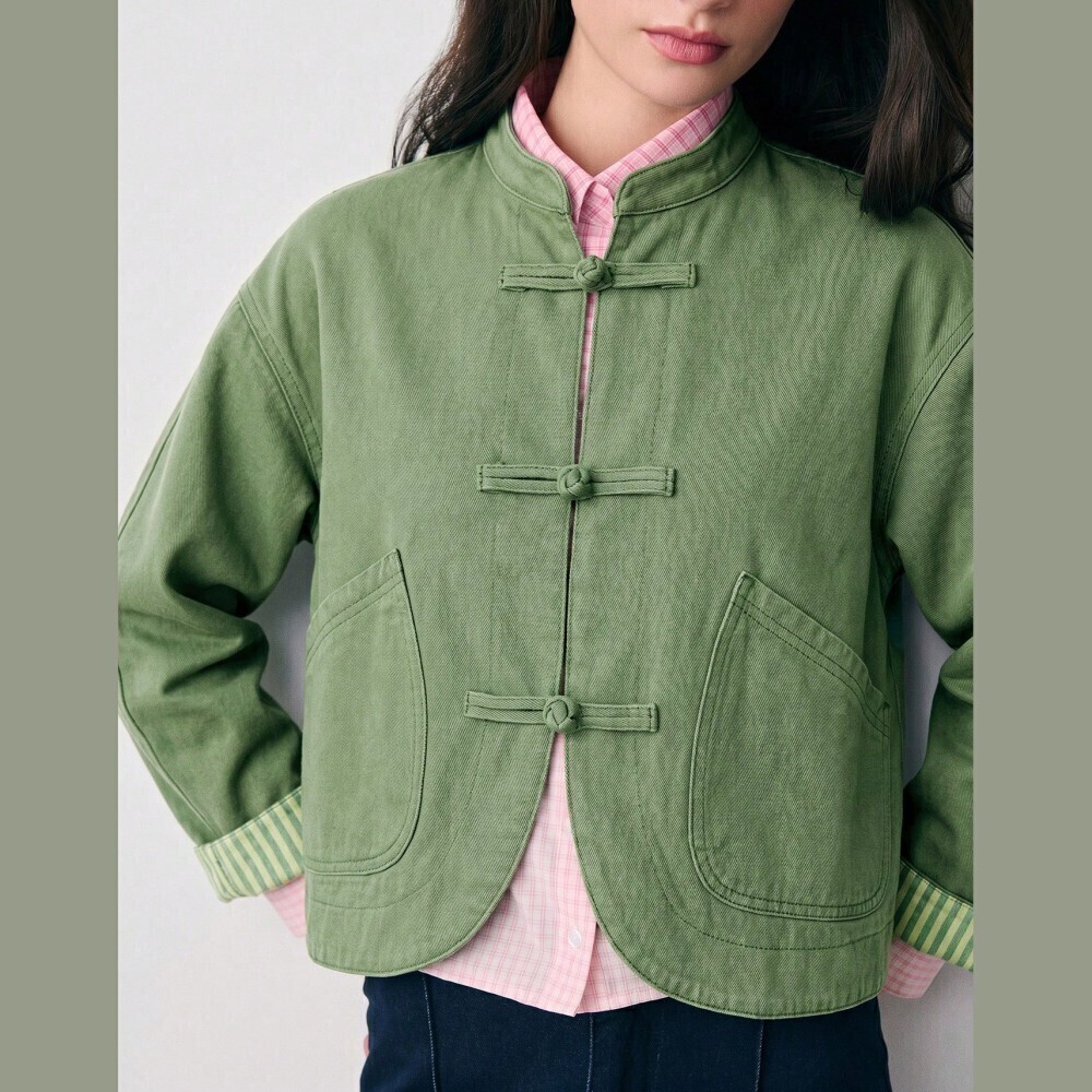 Mint Green Rounded Denim Jacket with Frog Button Toggle Closures - Picture 2 of 7